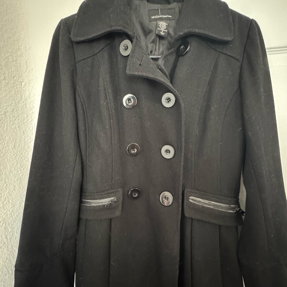 Moda International Black Pea Coat Double-Breasted Design